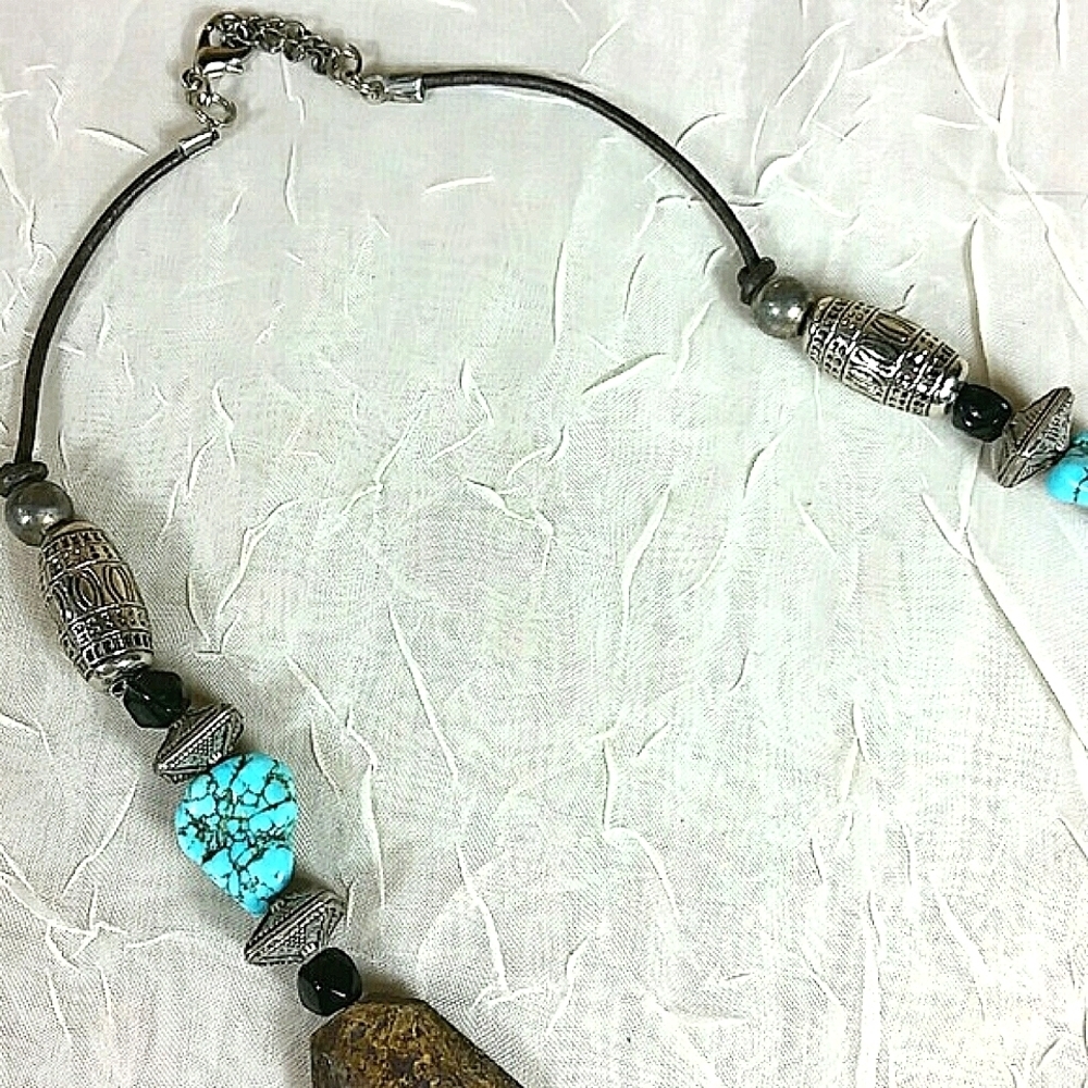 16" - 18" adj Necklace Genuine Stone Bead Leather brown blue silver spacer NEW - Picture 5 of 5